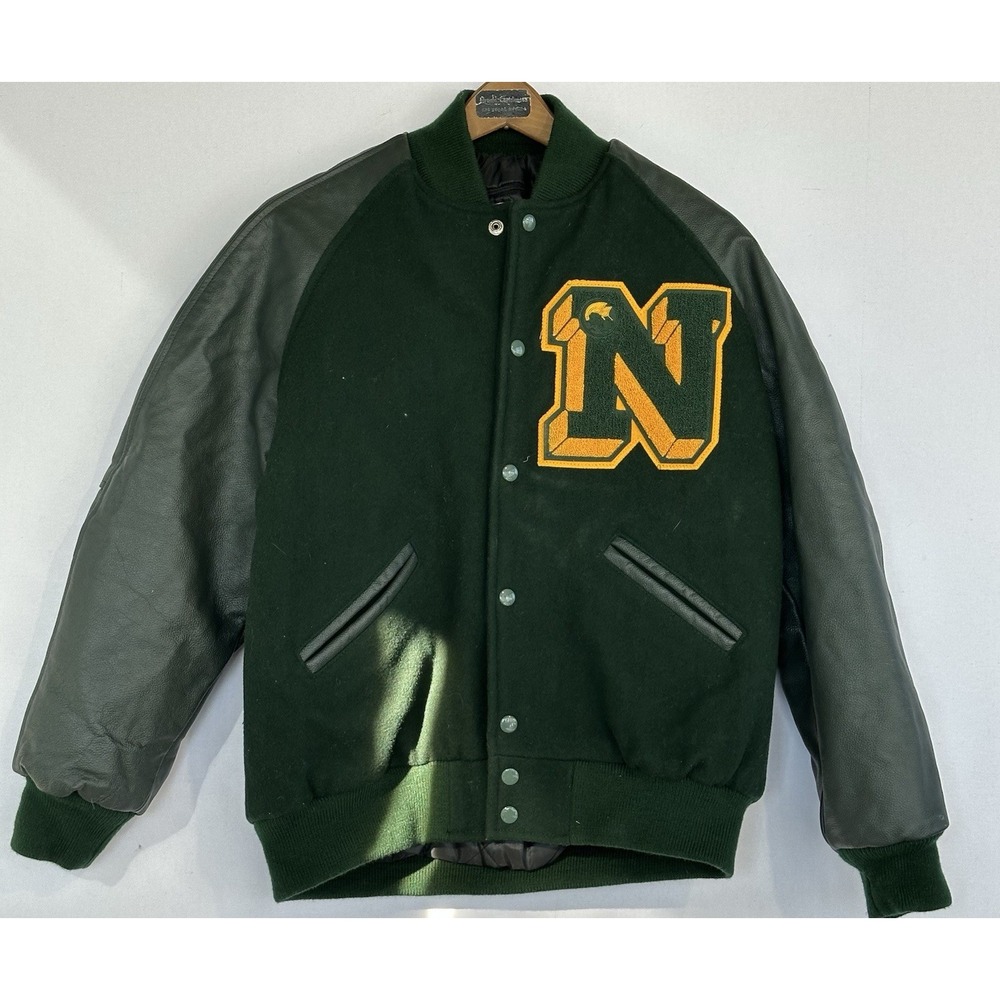Maverick Varsity Jacket Letterman Leather Wool Mens Small Green Excellent